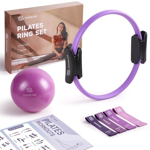 LIONSCOOL Pilates-Ring-Set (Lila) – 36cm verformungsbeständiger Pilates-Ring mit gepolsterten Griffen, 23 cm Mini-Ball, elastische Latex-Widerstandsbä