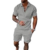 Kubsid Light Gray L Men Track Suits 2 Piece Set Summer Casual Outfits Fashion Polo Shirts Short Sleeve and Shorts Set Vacation Clothes