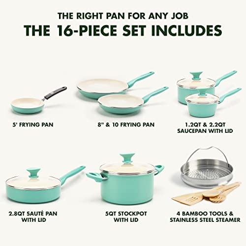 GREENPAN RIO HEALTHY CERAMIC NONSTICK 16 PIECE COOKWARE POTS AND PANS SET, PFAS-FREE, DISHWASHER SAFE, TURQUOISE