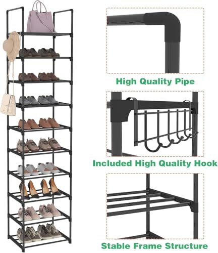 Last page® Shoe Rack 10-Tier Metal Narrow Shoe Organizer 20 Pairs Tall Shoe Storage Rack with Hook, Vertical Shoe and Boots Organizer, Shoe Shelf Organizer for Entryway Closet Hallway Black
