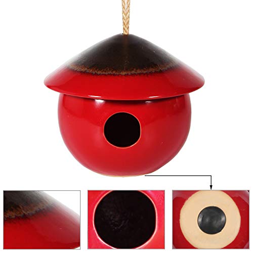 Tenforie Ceramic Birdhouses Bird Hut Hanging Hummingbird Nest for Outdoor -Red