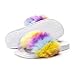OCICI Girls Flat Slipper Flip Flop Faux Fur Soft Slide Slippers Women's Comfort Anti-Skid Sole Indoor Outdoor House Slippers-Rainbow