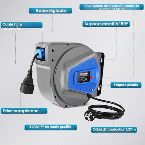 Himimi Automatik Kabeltrommel 15 m + 1 m 1500 W ~ 3000 W Kabelaufroller Automatisch Stromtrommel Schlauchaufroller, Verlängerungskabel außen Wandmontage Überlastschutz, Wand Deckenmontage 180° drehbar