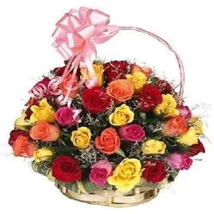 Florazone Garden of Roses Fresh Flowers Basket Arrangement of 25 Mix Roses