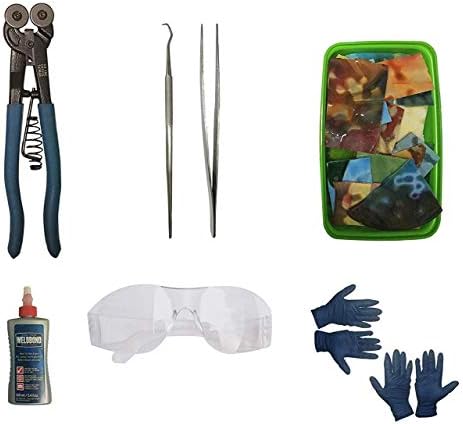 Premium Mosaic Tiles Starter Kit. Includes 3 LBS of our BEAUTIFUL scrap glass, Carbide Dual Wheel Mosaic Cutter, Weldbond, Safety Glasses and Mosaic Tools. Perfect starter kit for Glass Mosaic
