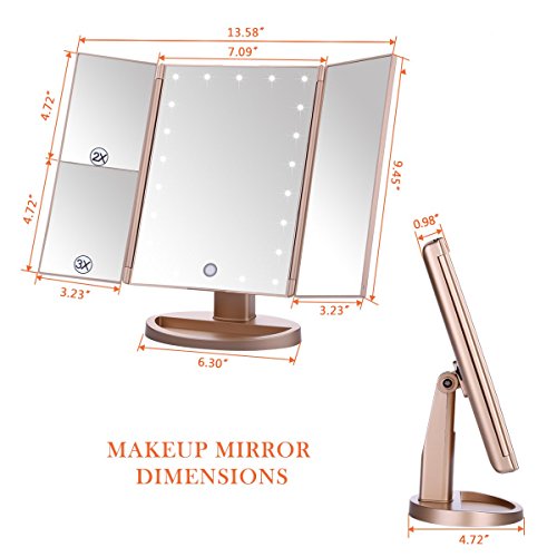 Lighted Makeup Mirror EMOCCI Tri-Fold Vanity Mirrors With 3X 2X 1 Magnification,USB Charging 180 Degree Free Rotation Mirror For Women Girls Cosmetic Make Up Bathroom Countertop Use (Gold)