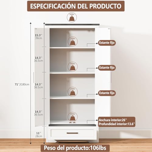 UNKKS Alacenas para Cocina,Muebles para Cocina Modernos,Bufetera Mueble con Cajones,Gran Capacidad Almacenamiento con Divisiones Ajustables,para Cocinas Domésticas 80X40X180CM