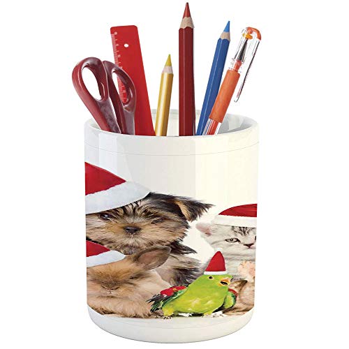 Pencil Pen Holder,Christmas,Printed Ceramic Pencil Pen Holder for Desk Office Accessory,Xmas Crew Cat Dog Bird Mouse and Rabbit Bunny with Santa Hats Grumpy Pets Picture