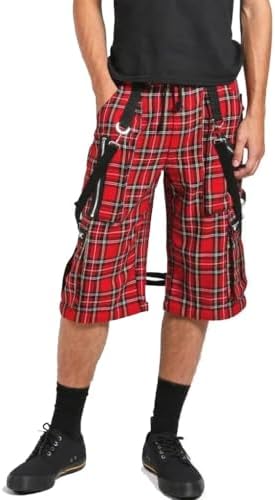 Gothic Punk Cargo Shorts, Black with Red Stripes, Chain Detail