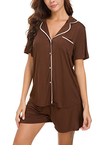 Invug Women Short Sleeve Nightwear Shirts Shorts Pajama Set Sleepwear Loungewear Brown L