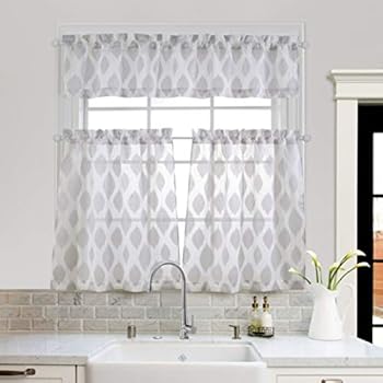 MYSKY HOME Fashion 3 Pieces Jacquard Kitchen Sheer Tier Curtains and Valance Set, Grey