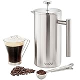 VonShef 12 Cup Double-Wall Keep Warm Satin Brushed Stainless Steel Cafetiere Coffee Filter - includes Measuring Spoon &amp; Bag Sealing Clip ()