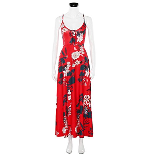 Nikuya Women Floral Print Cross Strap High Waist Split Casual Sleeveless Sling Dress (Red, S) - Thumbnail 5