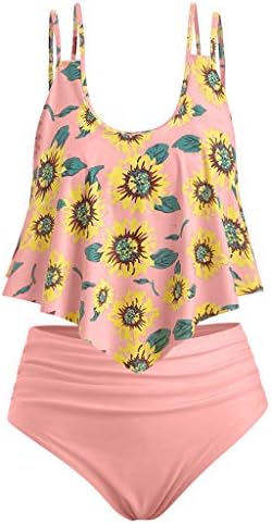 Cenglings Women Sunflower Print Two Pieces Bathing Suits Ruffled with High Waisted Bottom Tummy Control Bathing Suit