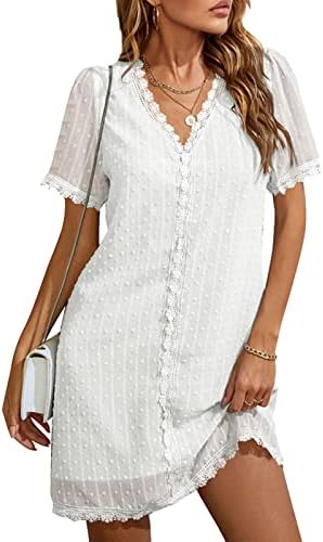 Women's Summer Short Sleeve V Neck Swiss Dot Lace Shift Dress Ladies Casual  Ruffle Hem Evening Beach Mini Dress price in UAE | Amazon UAE | kanbkam