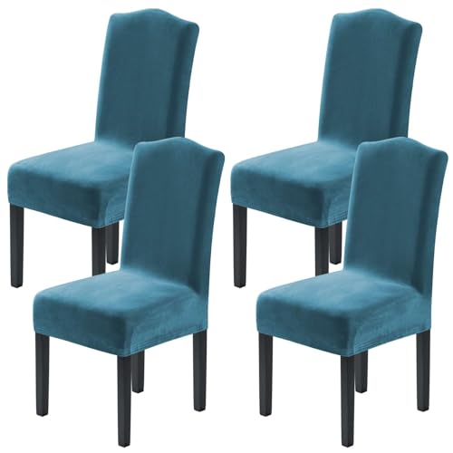 H.VERSAILTEX Velvet Dining Chair Covers Stretch Chair Covers for Dining Room Set of 4 Parson Chair Slipcovers Chair Protectors Covers Dining, Soft Thick Solid Velvet Fabric Washable, Peacock Blue