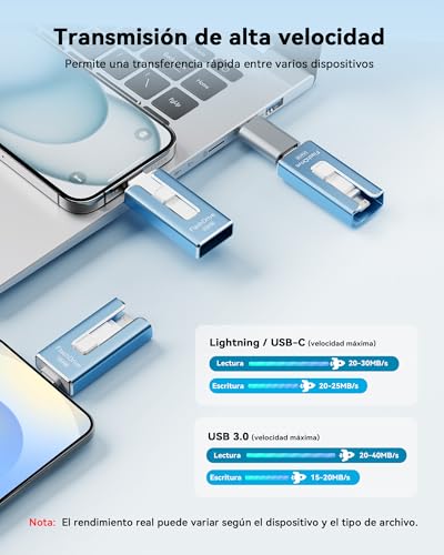 USB Flash Drive 256GB for iPhone, iPhone External Memory Stick with MFi Certification, USB 3.0 Flash Drive for Photos and Videos, 3-in-1 for Phone/iPad/Android/PC, USB 3.0 Memory Stick for Photos and Videos, Blue