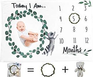 Baby Milestone Blanket Set for Boy or Girl - Unisex Soft, Fluffy Fleece Material + Wreath Crown + Baby Bear (60x40)