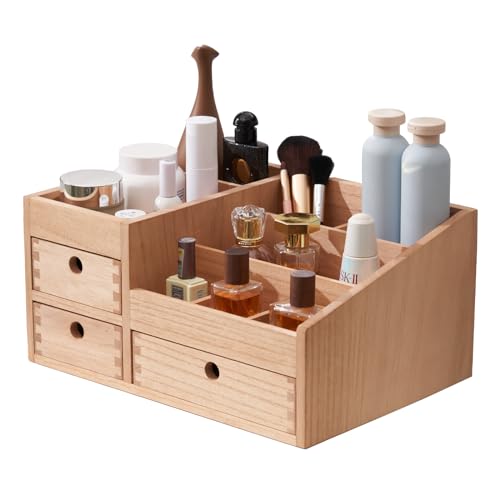 Photo 1 of KIRIGEN Wood Makeup Organizer Storage Cabinet Tabletop Cosmetic Organizer Jewelry Storage Box 8 Compartment Makeup Display Case with 3 Drawers Natural(HZG-NA)