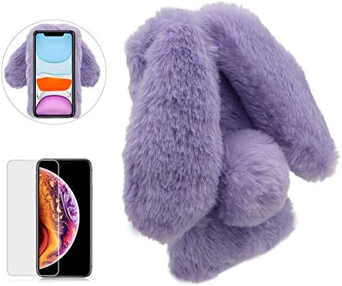 Case for iPhone 11 Pro Max 6.5 Inch,Girlyard Cute Cartoon Rabbit Ears [Plush Case] Stylish Lovely Furry Artificial Fur Bling Crystal Rhinestone Design Fluffy Warm Winter Soft Hair Plush Cover-Purple