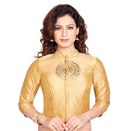 Womens Designer Stand Coller Dupion Silk Full Zipper 3/4th Sleeves Padded Princess Cut Readymade Long Saree Blouse