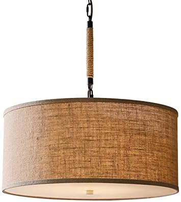 Linen Fabric Pendant Light, Rustic Ceiling Hanging Lamp, Handmade Round Pendant Lamp, Drum Modern Light Shade for Living Room Bedroom Dining Room, 5 Bulbs, E27, Height Adjustable (D 50CM)