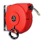 REELWORKS Air-Water-Hose-Reel Retractable 3/8" Inch x 50' Feet Premium Commercial Flex Hybrid Polymer Hose Max 300 PSI Heavy Duty Polypropylene Case Construction Industrial Spring Driven