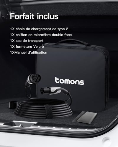 tomons Type 2 Charging Cable, 22KW 7M 32A 3-Phase, Electric Car Type 2 for EV/PHEV, Type 2 to Type 2 EV with Carry Bag and Microfibre Cloth for Model S/3/X/Y, ID.3, ID.4