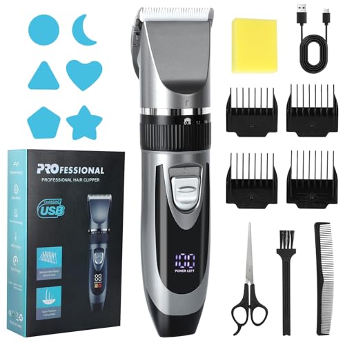 Cozary Electric Beard Shaver, Hair Machine, Professional Men's Hair Clipper, USB Charging with LED Display, 4 Guide Combs, Wireless Trimmer, Men's Beard Trimmer for Family/Barber