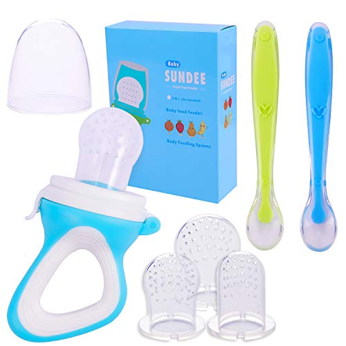 Baby Food Feeder/Fruit Feeder Pacifier(1 Pack) incluing 3pcs BPA-Free Soft Silicone Teethers,2 Pack Baby Feeding Spoons,Infant Fruit Teething Toy - Blue
