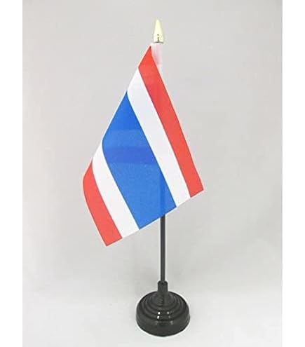 Drapeau De Table Royaume Du Siam (1350-1939) - 21x14 Cm - 100% Polyester - Socle Plastique Noir Inclus - Décoration Bureau - 10