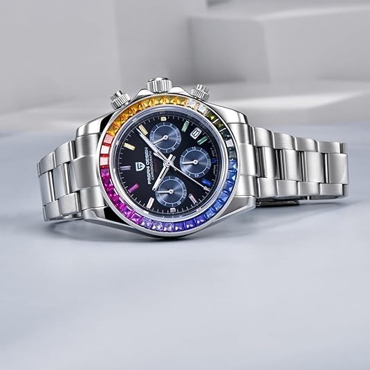 RollsTimi Pagani Design PD1644 Men’s Quartz Chronograph Watch VK63 Movement, Sapphire Crystal, Rainbow Bezel, Stainless Steel, 100M Water Resistant Sports Wristwatch