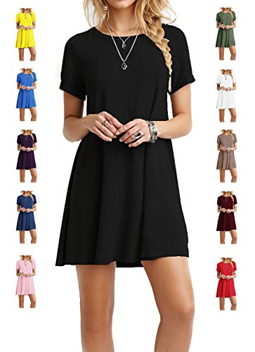 TINYHI Women's Swing Loose Short Sleeve Tshirt Fit Comfy Casual Flowy Tunic Cotton Dress Black,Large