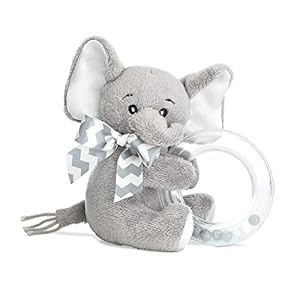 Bearington Baby Lil’ Spout Ring Rattle: 5.5” Plush Gray Elephant Shaker Toy With Soft Plush Fur, Satin Bow, Clear Ring…