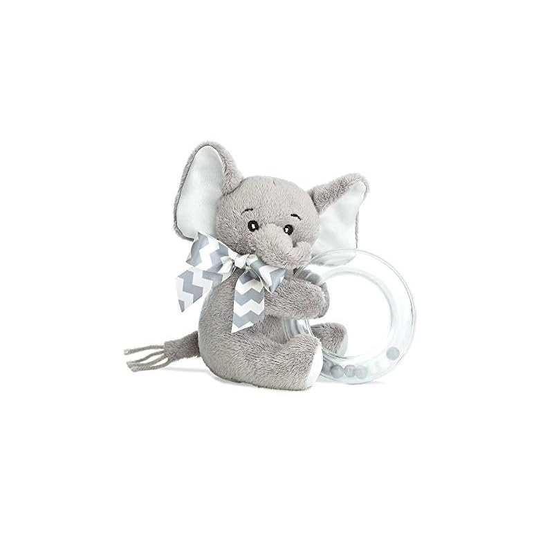 Bearington Baby Lil’ Spout Ring Rattle: 5.5” Plush Gray Elephant Shaker Toy With Soft Plush Fur, Satin Bow, Clear Ring…