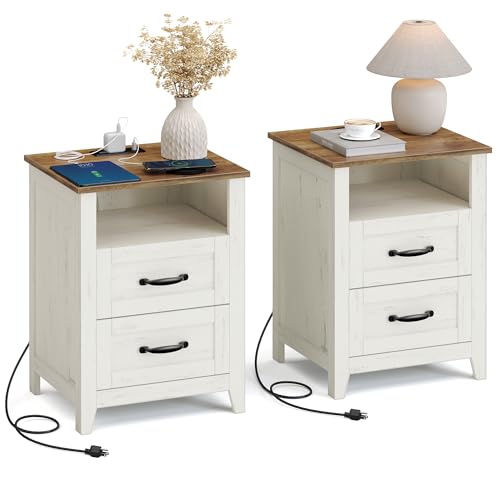 VASAGLE LIRY Collection - Farmhouse Nightstands with Charging Station, Set of 2 Bedside Tables, Side Tables with 2 Drawers, Open Compartment, for Bedroom, Rustic White and Honey Brown ULET869W01 Image