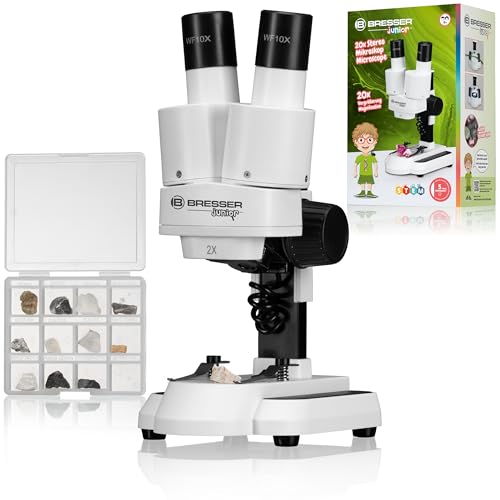Bresser Junior Mikroskop 20x LED-Auflicht Beleuchtung, inklusive umfangreichem Zubehör wie Mineralproben, batteriebetrieben, Hobby Mikroskopie