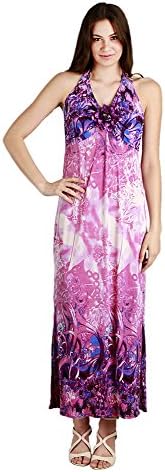 Exppozz Women's Maxi Dress - Casual Bohemian Dress Halter With Flower Brooch - Cinched Waist Halter Dress - Pink and Purple Dress in Size Small