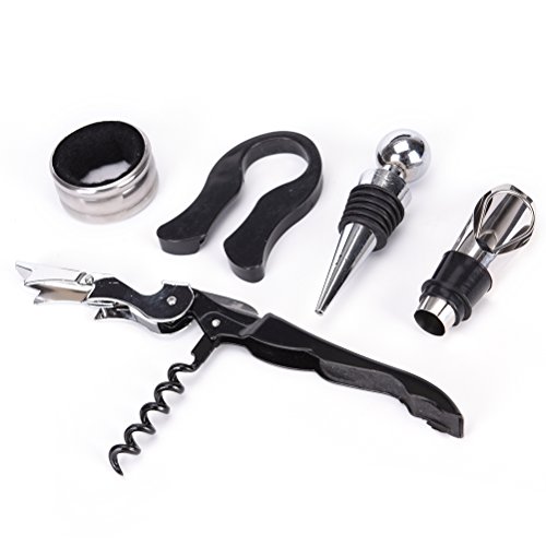 Click Here to See More Images SNNplapla 5-in-1 Set Stainless Steel Champagne & Wine-Bottle Tools Caps Stoppers Corkscrew Ring Pourer Opener Savers Sealers Reusable Plugger 1 Set