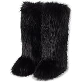 conmfotey Faux Fur Boots for Women Winter Knee High Furry Snow Boots Fuzzy Fluffy for Girls Flat Long Boots