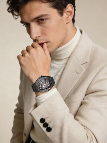 TSAR BOMBA Men's Automatic Watch Skeleton Watch Luxury Barrel Mechanical Watch 50m Waterproof Analog Watch