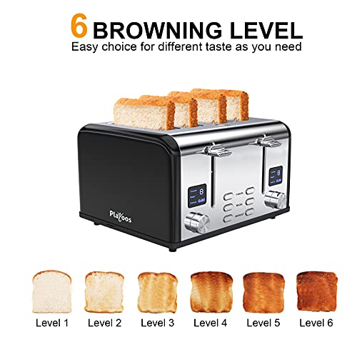 Playoos Toaster 4 Slice, Stainless Steel Toaster with LED Digital Timer