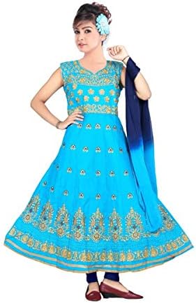Krishna Sarees Women Churidar Suits, Punjabi Dress, Salwar Kameez, Anarkali, Ethnic Tunic Dress, Casual Party Wear Indian Pakistani Dress WCS19254 Turquoise and Navy Blue Churidar Suit
