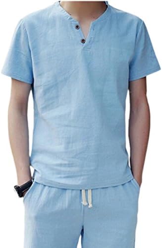 Generic Mens Sets, Summer Cotton Linen Top T-Shirt and Shorts 2 Piece Outfits Sky Blue XXXL