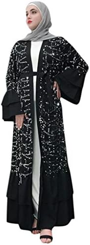 HEFYBA Womens Muslim Cover Up Sequined Cardigan Middle East Fashion Sequin Dress Black Lotus Sleeve Tunic Coat