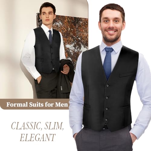 BSBUY Men's Formal Vest, Black Men's Dress Vest with Pocket, Elegant Men's Suit Vest, Wedding Party Business