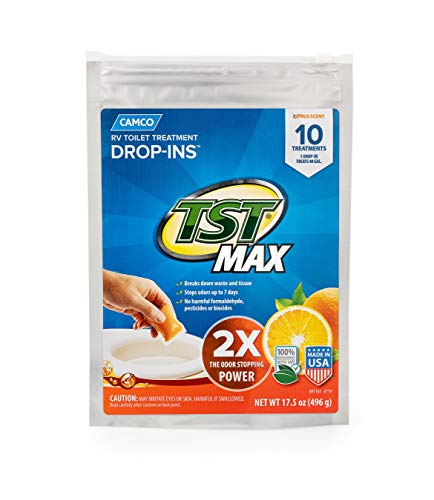 Camco TST Ultra-Concentrated Orange Citrus Scent RV Toilet  MAX Treatment Drop-Ins, Formaldehyde Free, Breaks Down Waste And Tissue, Septic Tank Safe, 10-Pack (41178)