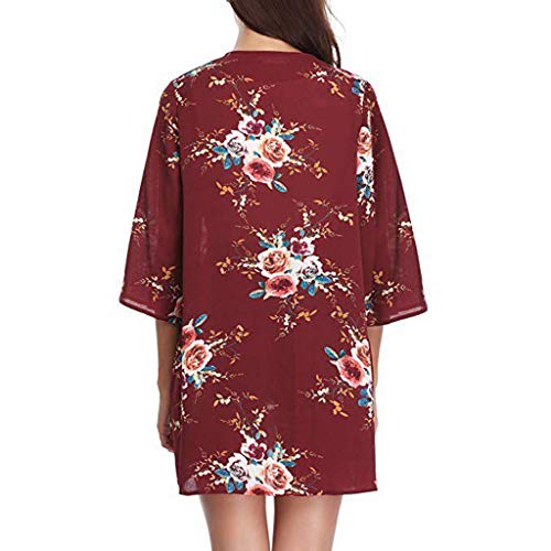 Farmerl Women Beach Shawl Leaves Print Chiffon Kimono Blouse Loose Top Outwear Red