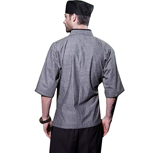 Men's Japanese Chef-Jacket 3/4 Sleeve Kimono Cooking Soft &Breathable Chef Coat Gray