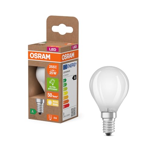 Osram LED-Lampe in klassischer Miniballform, mit dekorativem LED-Filament im Frosted Design, Energieeffizienzklasse A, E14, 1.2 W, 255 lm, 2700 K, warmweiß. Ohne Aufwärmen, sofort 100% Licht.